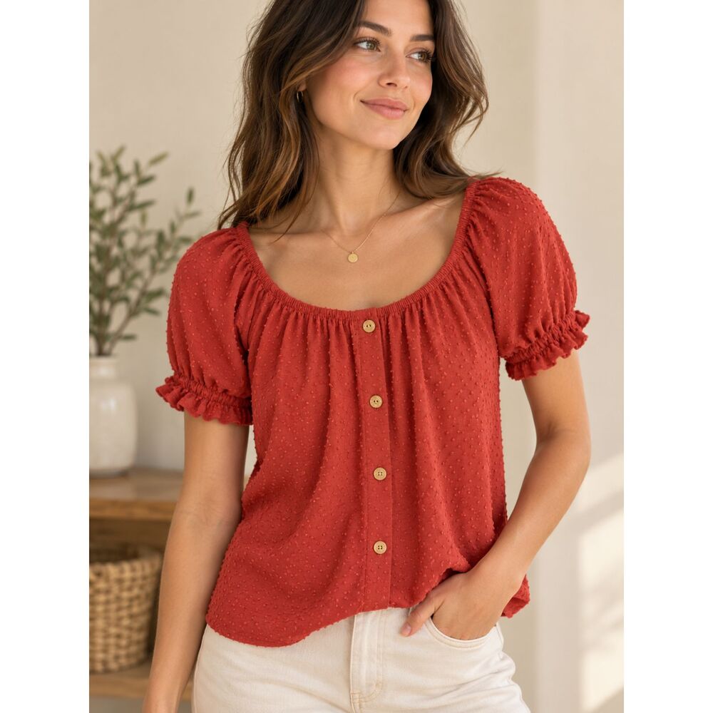 W5 Women’s Small Rust Swiss Dot Button Front Puff Sleeve Blouse